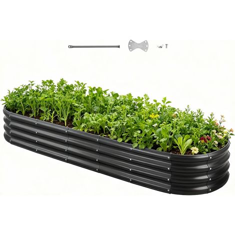 Potager Surélevé Métal 240x60x29 cm Carré Potager Surélevé Galvanisé Lit de Jardin Ovale Bac de Jardinage Fond Ouvert pour Culture Légumes Fleurs Herbes Aromatiques Plantes Grasses, Gris Foncé (1/5)