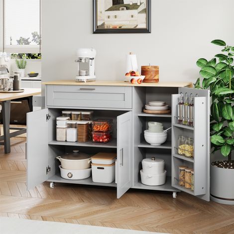 Table cuisine mobile 132,5x44(70)x90cm grain chêne plan pliable,rangements et accessoires complets sur 5 roues.