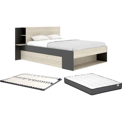 Letto 140 x 190 cm Con vani portaoggetti Naturale e Nero + Rete a doghe + Materasso - KEROSIA (1/5)