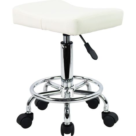 Tabouret roulant carré en cuir PU réglable en hauteur pivotant 360° – Chaise de travail avec roues – Résistant à l'eau – Blanc – Kktoner