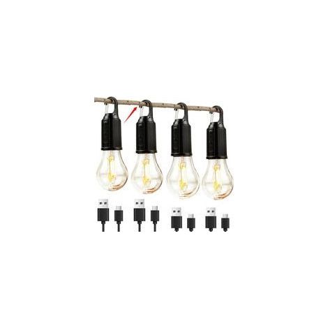 Lot de 4 lampes de camping rechargeables, ampoules pour tente avec crochet de suspension, fonction minuterie, idéales pour la randonnée, le camping et les situations d'urgence (noir)617.8cm (1/5)