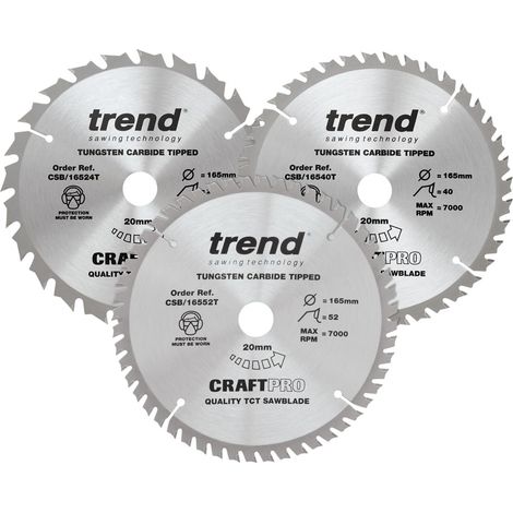 Trend Confezione tripla CraftPro di lame per sega TCT, ideali per seghe circolari Dewalt DC390, DWE007, DCS391 e DC391N, 165 mm x 24, 40 e 52 denti x 20 mm alesaggio. CSB/165/3PK/B, Confezione da 3 (1/6)