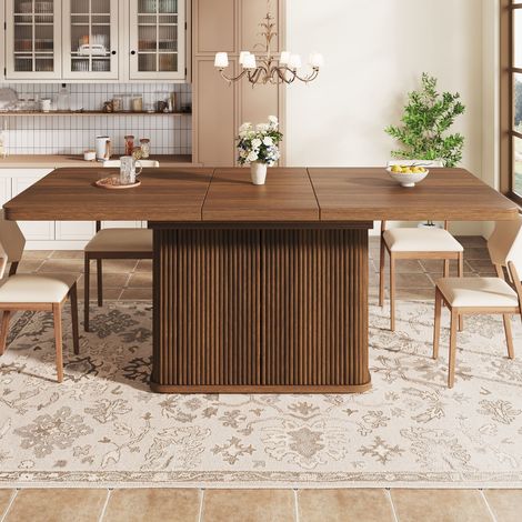 Table à manger extensible 140-180 x 80 x 76,5 cm avec rangement caché et piètement à relief vertical, MDF et métal, Marron (1/5)