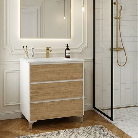 Meuble vasque L.80cm sur pied Blanc laqué 3 tiroirs Chêne naturel LISBONA - sans colonne (1/5)