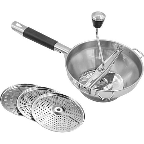 Küchenmaschine aus Edelstahl mit Griff, 3 Siebeinsätzen und Kartoffelstampfer für Suppen, Marmeladen und Babynahrung (1/5)