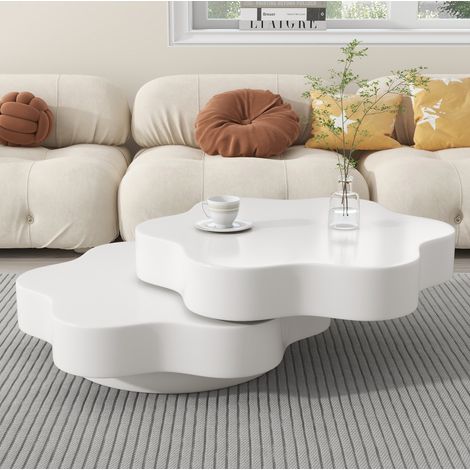 Mesa de centro giratoria 360°, 74,8 x 67,5 x 31 cm, doble tablero, diseño floral, MDF blanco crema para salón. (1/5)