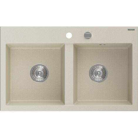 Mexen Hektor fregadero de granito de 2 compartimentos 800 x 480 mm, beige, sifón cromo - 6521802000-69 (1/5)