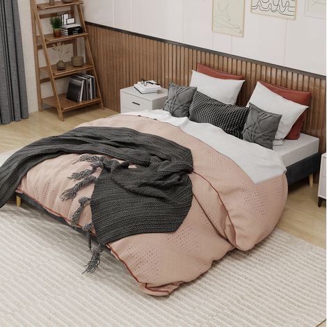 Cama de tela y metal gris 160x200 cm, estructura de perfil bajo, somier incluido (1/5)