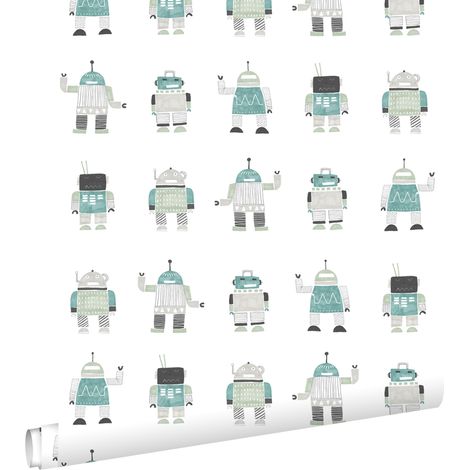 papier peint robots jouets vintage vert menthe et bleu - ESTAhome (1/5)