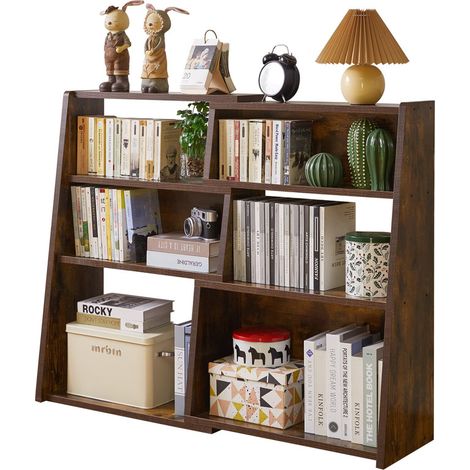 Wooden Expandable Bookcase, 3-Tier Ladder Open Storage Bookshelf with 6 Compartments, Freestanding Storage Shelf for Living Room, Home Office, Dinning Room