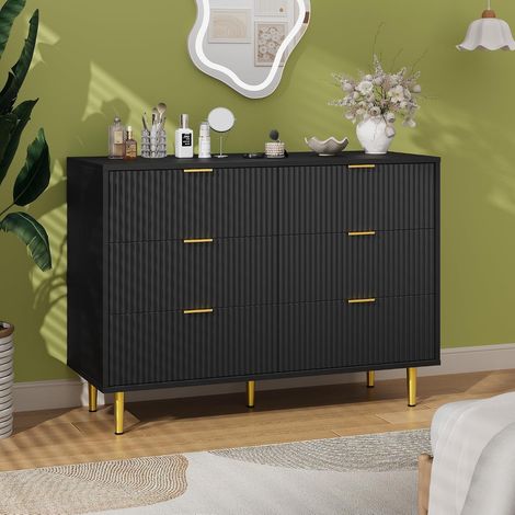 Commode moderne à 6 tiroirs au design à façade ondulée, poignées et pieds dorés, stable et anti-basculement, grand espace de rangement, sideboard pour chambre et salon, dimensions 100x40x75 cm, noir (1/5)