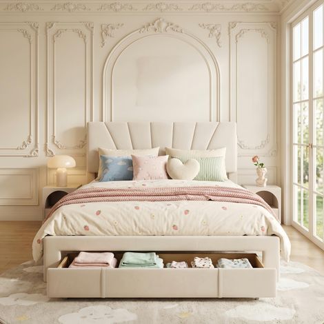 Lit Double avec tiroirs 140x190 cm Velours Beige - Sommier à Lattes Inclus - Design Moderne et Confortable