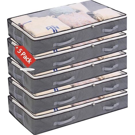 Sac de Rangement sous Lit Lot de 5, Closet Organizer Sac Souple Grande Capacité avec Fenêtre Transparente Poignées Renforcées Organisateur à Glissière Non-tissé, Pliable100 x 50 x 15 cm, Gris - Gris