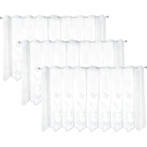 Lot de 3 rideaux brise-bise, Bistrogardine 130 45 cm, Blanc semi-transparent, rideaux courts à motifs floraux, rideau court pour salon, chambre, couloir (1/5)