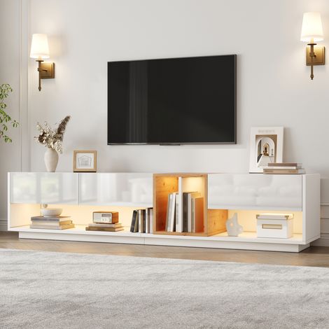 Mobile TV, supporto TV, mobile basso, mobile per televisore, illuminazione a LED, controllo tramite app, superficie lucida, mobile per soggiorno, truciolato (1/5)