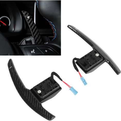 Palettes de changement de vitesse de course en fibre de carbone sèche pour châssis F modèles M, disponibles en noir brillant et blanc.