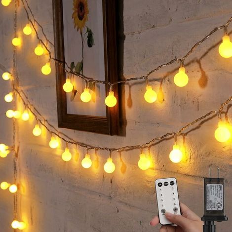 Kugelförmige Lichterkette, 10 Meter lang, 100 LED-Perlen, mit Stecker, 8 Modi, Fernbedienung, warmweißes Minilicht.