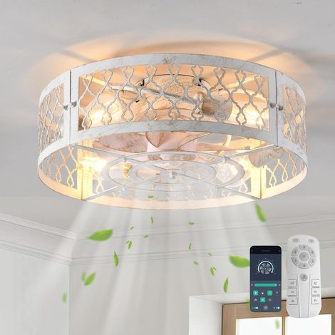 Plafonnier Ventilateur Cage Métal Blanc 50cm 6 Vitesses Luminaire Design Industriel Fermier Montage Flush E27 4 Ampoules Moteur Silencieux Réversible avec Télécommande App (1/5)