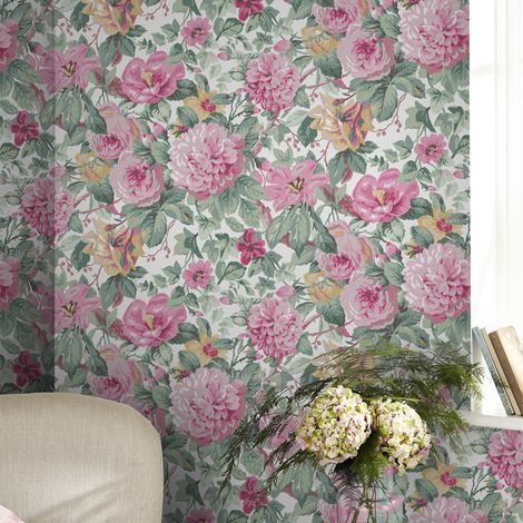 Papier peint intissé à motif fleuri roses et pivoines – Largeur 52cm – Raccord sauté 53cm – Entretien facile avec éponge humide – Laura Ashley