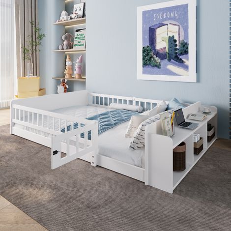 Lit en bois, pour enfants, 140 x 200 cm, en bois de pin, rangement ouvert, étagères, logement ouvrible, sans matelas, blanc