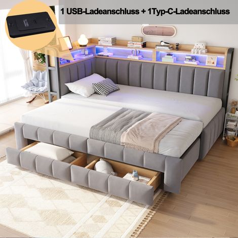 Lit gigogne rembourré 90x200 convertible en 180x200 - Velours - Rangements et LED - Ports USB et Type-C - Charge 120kg - gris clair (1/5)