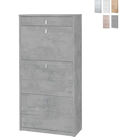 Platzsparender schlanker Schuhschrank mit drei Türen und einer Schublade Beton Cemento 63x29x h127 cm (1/5)