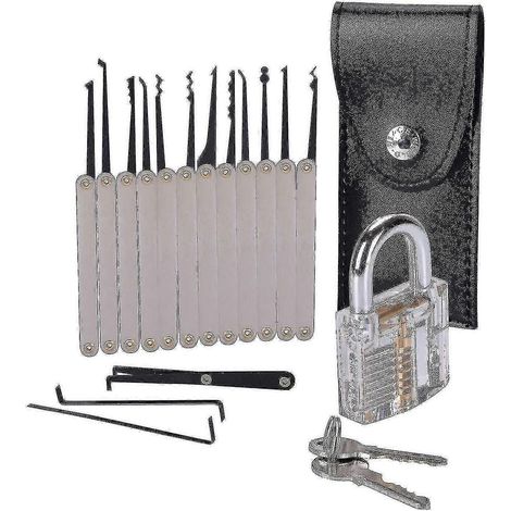 Kit de crochetage de 15 outils transparents pour cadenas, comprenant un extracteur de clé et un ensemble de crochetage.
