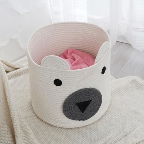 Panier à Linge - - Blanc - Corde 100% coton - 35x35x32 cm - Design animal mignon (1/4)