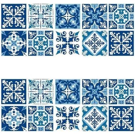 Lot de 2 autocollants carrelage mural 15×15cm – PVC étanche style porcelaine bleu et blanc – Pour cuisine et salle de bain (1/5)