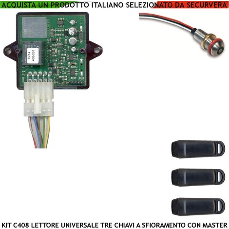 Chiave Elettronica Induttiva Kit Elaboratore C408 Lettore da Pannello 3 Chiavi Programmabili Codice di Sicurezza 64 Bit 3 Miliardi di Combinazioni Sistema RFID 12/28 Vac Relè 10A 24V x Portachiavi (1/4)