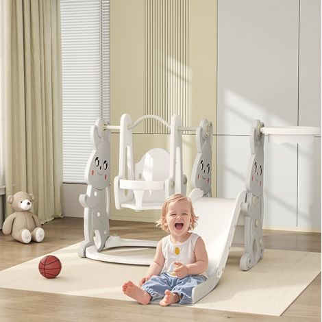 Scivolo bambino 4 in 1 con altalena, canestro, grigio OKMYHOME (1/5)