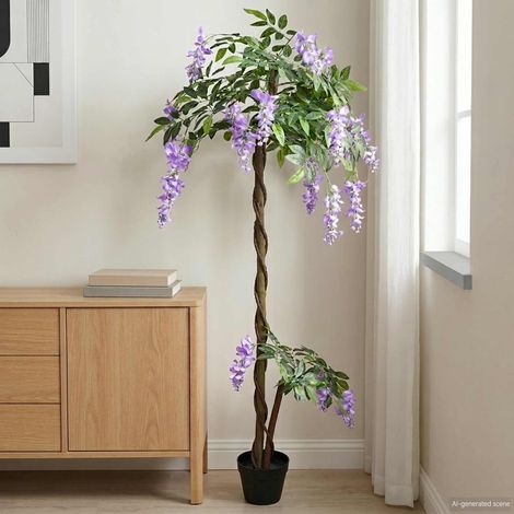 Arbre à fleurs en haricot artificiel pourpre en tissu et bois, 80 x 18 x 160 cm - PANGIVO (1/5)