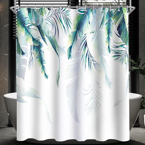 Rideau de douche 120 x 200 cm - Vert feuilles - Ourlet lesté - Textile anti-moisissure - Imperméable - Lavable - En polyester - Avec œillets et 8 anneaux de rideau de douche - Pour salle de (1/5)