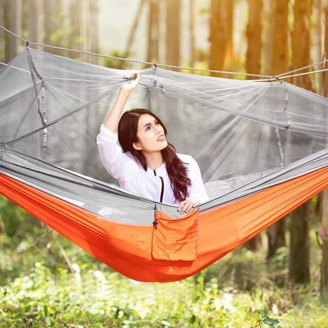 Hamac double de camping, portable et léger pour la randonnée, les voyages et les activités de plein air, en nylon, orange. (1/3)