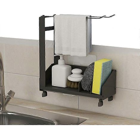 Porte-éponge pour évier, support à ventouse, rangement pour évier avec porte-serviettes, plateau amovible, adhésif pour plan de travail, porte-éponge en acier inoxydable, antirouille (1/5)