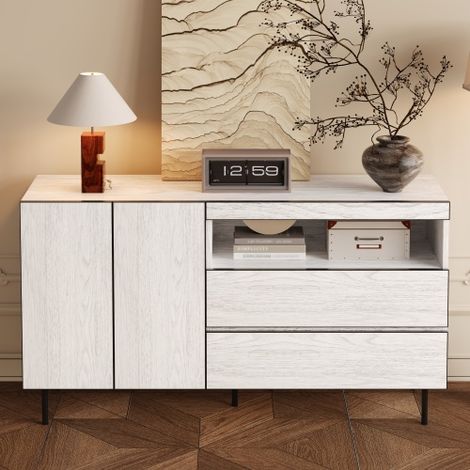 Buffet Sideboard Blanc 140 cm avec 2 Portes et 2 Tiroirs, Meuble de Rangement Multifonctionnel avec Étagères Ouvertes et Fermeture Douce, pour Salon, Salle à Manger et Entrée (1/5)