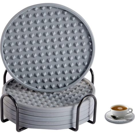 Ensemble de 6 sous-verres ronds en silicone avec support, antidérapants et isolants, compatibles lave-vaisselle, couleur bois. (1/5)