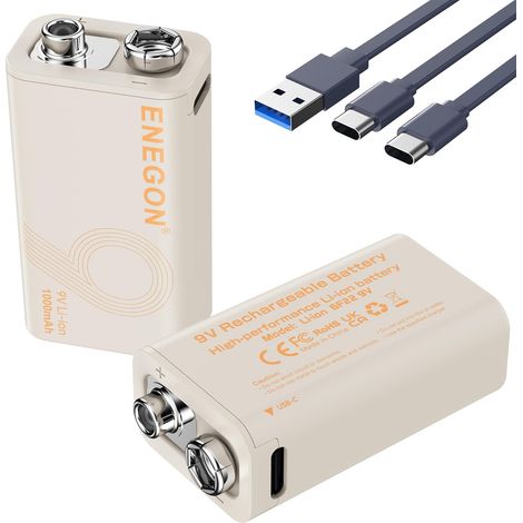 9V 2er-Pack Wiederaufladbare Lithium batterien 3,7Wh/1000mAh Type-C Schnellladung, 9V/0,6A Stabile Leistung, Kompatibel mit Multimeter/Drahtlosem Mikrofon/Rauchmelder und Mehr (1/5)