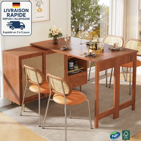 Mesa de bar extensible y giratoria de 360° con puerta de ratán y estante abierto, MDF, marrón (1/5)