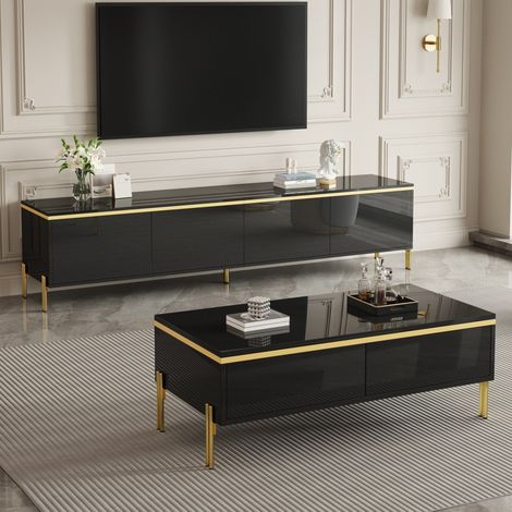 Mueble TV y mesa de centro con acabado alto brillo, negro, con almacenaje HAVRYA (1/5)