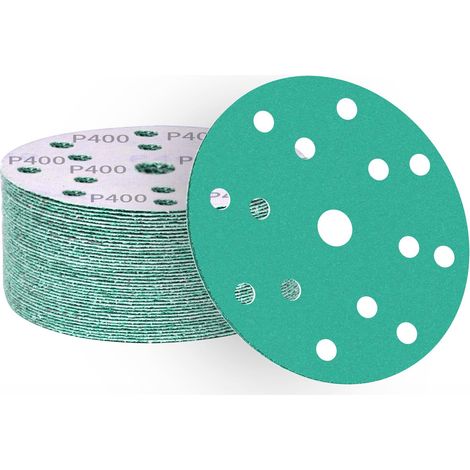 Disques abrasifs 150 mm grain 400, papier abrasif en alumine calcinée 15 trous, revêtement abrasif antiadhésif pour ponceuse orbitale (50 pièces) (1/5)