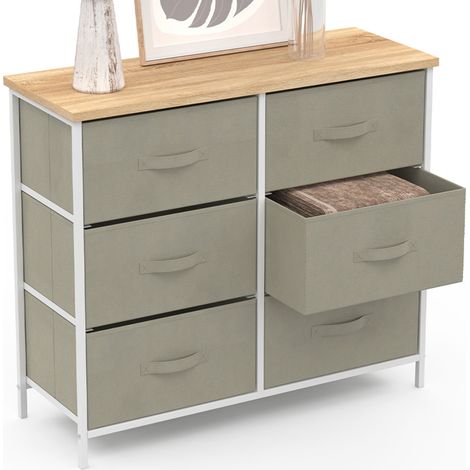 Kommode mit 6 Schubladen aus Stoff ALTA 80 cm hellgrau und Platte in Holzoptik Industriedesign (1/5)
