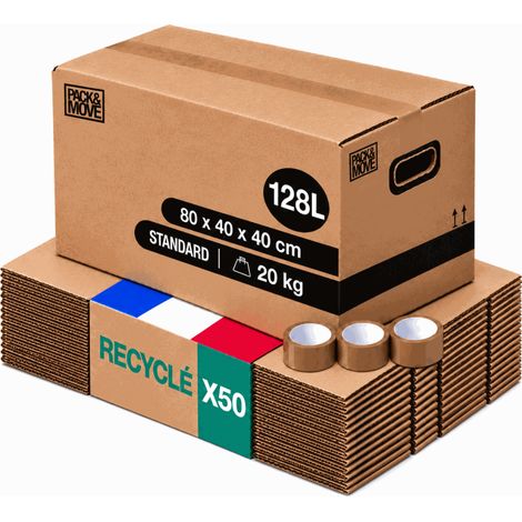 Pack and Move - Lot 50 cartons déménagement stockage XL - 80 x 40 x 40 cm - Poignées renforcées - 3 adhésifs offerts (1/5)
