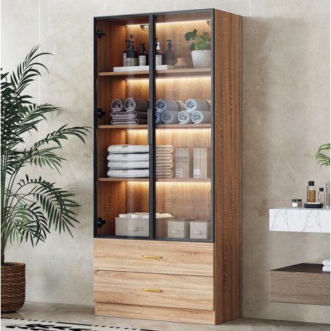 Armario de baño 75x34,5x170 cm en MDF marrón, puerta de vidrio, ahorro de espacio – MEUBLIV (1/5)