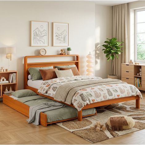 Letto estraibile 140x200 cm per adulti con letto estraibile 90x190 cm, design salvaspazio, testiera arrotondata, legno naturale (1/5)