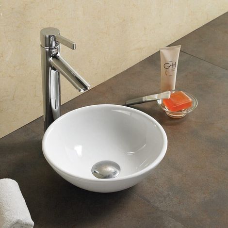 Rue Du Bain – Lave main rond à poser – Céramique blanche – Diamètre 28 cm – Hauteur 12 cm – Vasque sans trop plein – Pour petites salles de bain modernes
