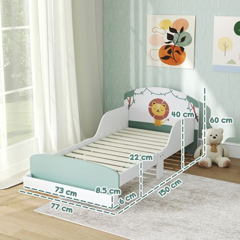 Lit bas en bois pour enfants de 3 à 8 ans avec espace de rangement et barrières latérales, 150 x 77 x 60 cm, vert (1/5)