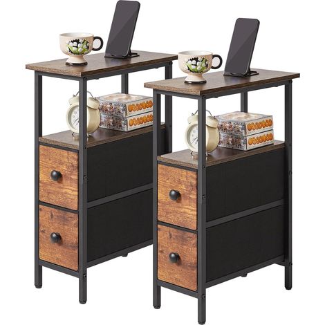 Tables d'appoint Minces 2 pièces, Table de Chevet Ultra-Fine avec 2 tiroirs en Tissu, Table de Nuit pour Petits espaces,Bout de canapé pour Chambre à Coucher ou Salon, Brun Vintage HST019H-2 (1/5)