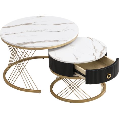 Couchtische Gigogne Quadratisch mit 1 Schublade, Marmoroptik, Verstellbare Metallfüße, aus MDF, Weiß, 70×70×45 cm (1/5)