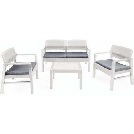 TrAdE Shop Traesio - Set Salotto Giardino Esterno Con Divano 2 Poltrone Tavolino Effetto Rattan Con Cuscini - Bianco (1/5)